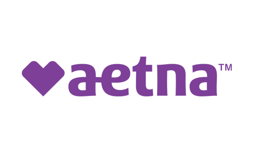 Aetna logo with purple text and heart shape.