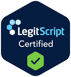 LegitScript Certified logo with blue hexagon and white text.