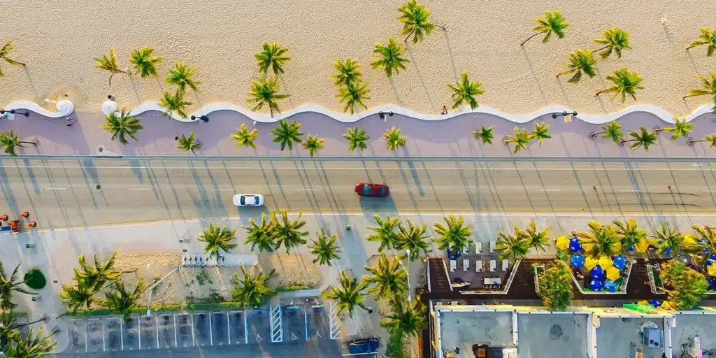 Aerial view of a beach with palm trees, a road with cars, and buildings with yellow and blue umbrellas.